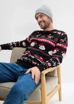 bonprix Große Größen|Pullover & Strickjacken|Feinstrickpullover mit Weihnachtsmotiv schwarz