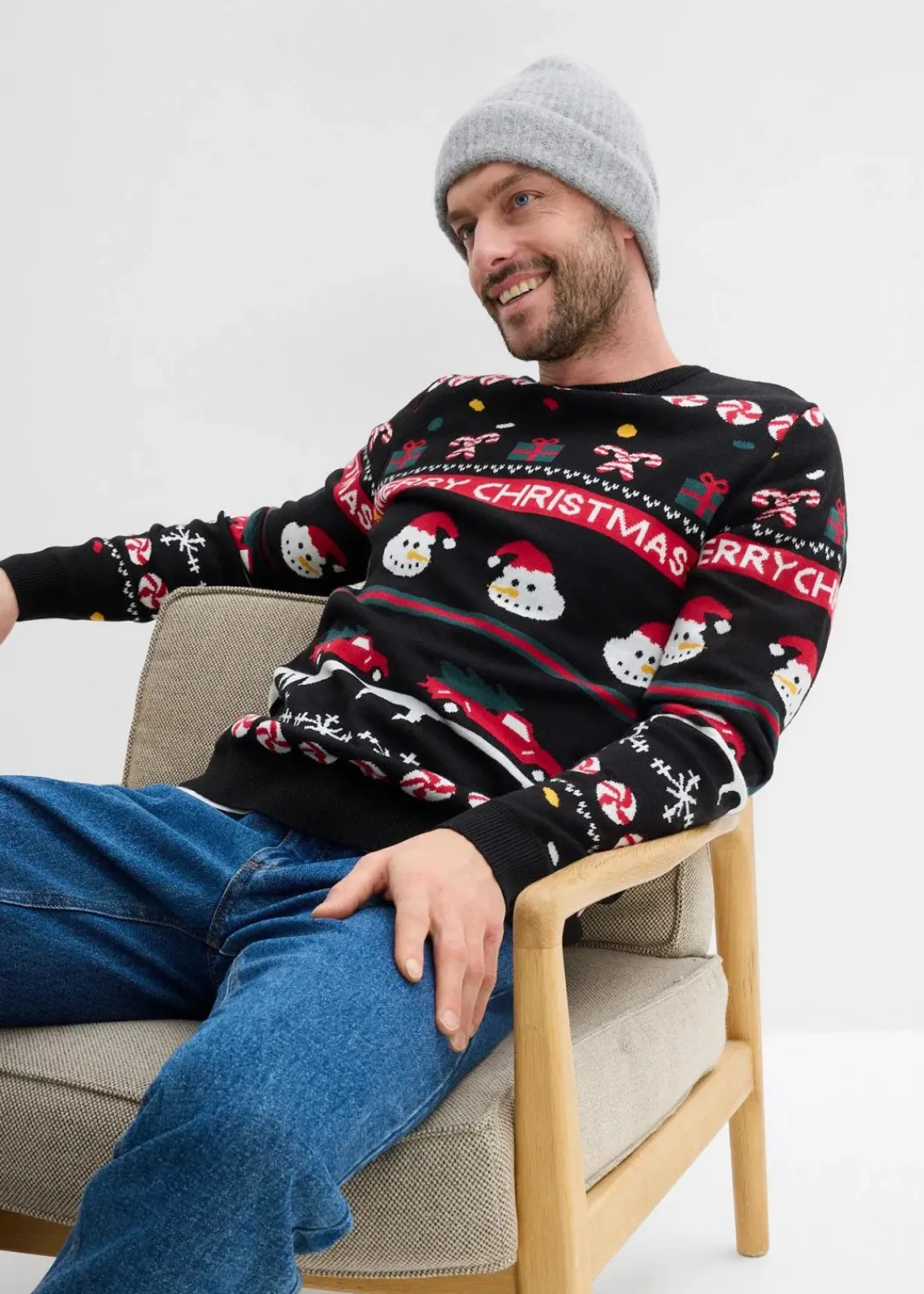 bonprix Große Größen|Pullover & Strickjacken|Feinstrickpullover mit Weihnachtsmotiv schwarz