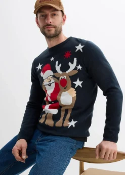 bonprix Große Größen|Pullover & Strickjacken|Feinstrickpullover mit Weihnachtsmotiv dunkelblau