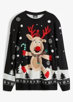 bonprix Pullover & Strickjacken|Große Größen|Feinstrickpullover mit Weihnachtsmotiv schwarz