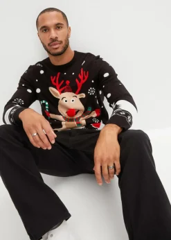 bonprix Pullover & Strickjacken|Große Größen|Feinstrickpullover mit Weihnachtsmotiv schwarz