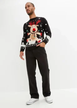 bonprix Pullover & Strickjacken|Große Größen|Feinstrickpullover mit Weihnachtsmotiv schwarz