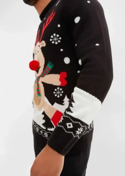 bonprix Pullover & Strickjacken|Große Größen|Feinstrickpullover mit Weihnachtsmotiv schwarz