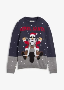 bonprix Jungen 9-16 Jahre·Bademode|Jungen 9-16 Jahre·Sweat & Strick|Feinstrickpullover mit Weihnachtsmotiv dunkelblau/grau meliert