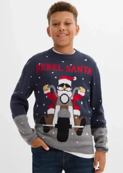 bonprix Jungen 9-16 Jahre·Bademode|Jungen 9-16 Jahre·Sweat & Strick|Feinstrickpullover mit Weihnachtsmotiv dunkelblau/grau meliert