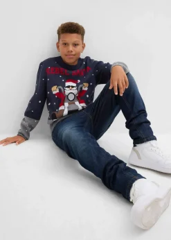 bonprix Jungen 9-16 Jahre·Bademode|Jungen 9-16 Jahre·Sweat & Strick|Feinstrickpullover mit Weihnachtsmotiv dunkelblau/grau meliert
