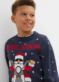 bonprix Jungen 9-16 Jahre·Bademode|Jungen 9-16 Jahre·Sweat & Strick|Feinstrickpullover mit Weihnachtsmotiv dunkelblau/grau meliert
