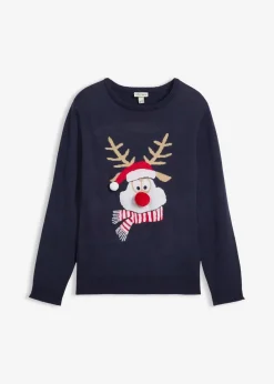 bonprix Große Größen|Pullover & Strickjacken|Feinstrickpullover mit Weihnachtsmotiv dunkelblau