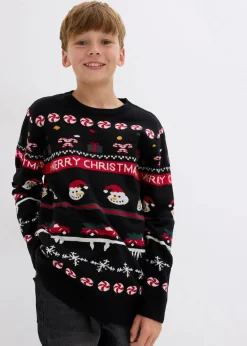 bonprix Jungen 9-16 Jahre·Sweat & Strick|Feinstrickpullover mit Weihnachtsmotiv schwarz