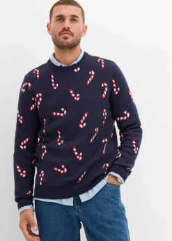 bonprix Große Größen|Pullover & Strickjacken|Feinstrickpullover mit Weihnachtsmotiv aus weichem Baumwollmix dunkelblau