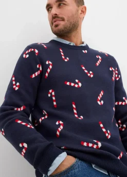 bonprix Große Größen|Pullover & Strickjacken|Feinstrickpullover mit Weihnachtsmotiv aus weichem Baumwollmix dunkelblau