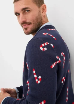 bonprix Große Größen|Pullover & Strickjacken|Feinstrickpullover mit Weihnachtsmotiv aus weichem Baumwollmix dunkelblau