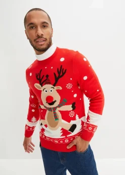 bonprix Große Größen|Pullover & Strickjacken|Feinstrickpullover mit Weihnachtsmotiv erdbeere