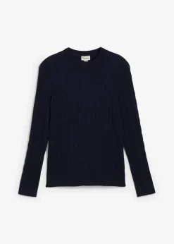 bonprix Pullover & Strickjacken|Große Größen|Feinstrickpullover mit Zopfmuster aus weichem Baumwollmix , Slim Fit dunkelblau