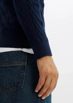 bonprix Pullover & Strickjacken|Große Größen|Feinstrickpullover mit Zopfmuster aus weichem Baumwollmix , Slim Fit dunkelblau