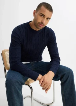 bonprix Pullover & Strickjacken|Große Größen|Feinstrickpullover mit Zopfmuster aus weichem Baumwollmix , Slim Fit dunkelblau