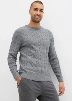 bonprix Große Größen|Pullover & Strickjacken|Feinstrickpullover mit Zopfmuster aus weichem Baumwollmix , Slim Fit grau meliert