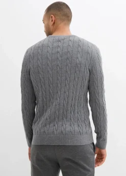 bonprix Große Größen|Pullover & Strickjacken|Feinstrickpullover mit Zopfmuster aus weichem Baumwollmix , Slim Fit grau meliert