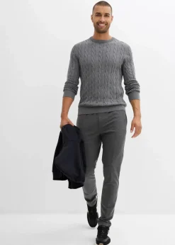 bonprix Große Größen|Pullover & Strickjacken|Feinstrickpullover mit Zopfmuster aus weichem Baumwollmix , Slim Fit grau meliert