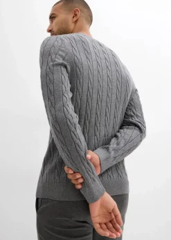 bonprix Große Größen|Pullover & Strickjacken|Feinstrickpullover mit Zopfmuster aus weichem Baumwollmix , Slim Fit grau meliert