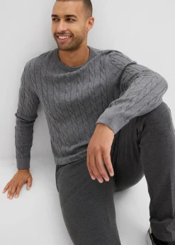 bonprix Große Größen|Pullover & Strickjacken|Feinstrickpullover mit Zopfmuster aus weichem Baumwollmix , Slim Fit grau meliert