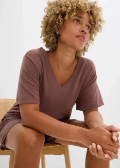 bonprix Shirts & Tops|Strickmode|Feinstrickshirt mit Leinen matt braun