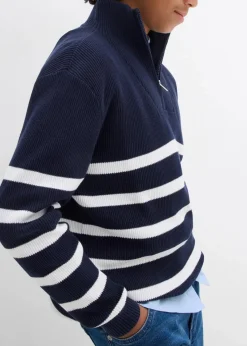 bonprix Jungen 9-16 Jahre·Sweat & Strick|Feinstrick-Troyer aus reiner Baumwolle dunkelblau/wollweiß gestreift