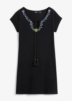 bonprix Bekleidung·Pullover & Strickjacken|Kleider|Flammgarn-Jerseykleid aus reiner Baumwolle schwarz geblümt