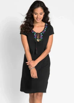 bonprix Bekleidung·Pullover & Strickjacken|Kleider|Flammgarn-Jerseykleid aus reiner Baumwolle schwarz geblümt