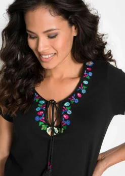 bonprix Bekleidung·Pullover & Strickjacken|Kleider|Flammgarn-Jerseykleid aus reiner Baumwolle schwarz geblümt