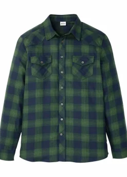 bonprix Hemden|Große Größen|Flanellhemd aus reiner Baumwolle dunkelblau/fichtengrün kariert