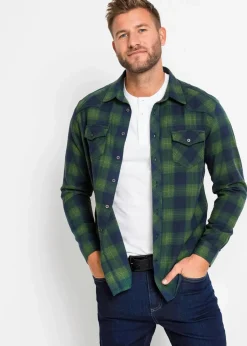 bonprix Hemden|Große Größen|Flanellhemd aus reiner Baumwolle dunkelblau/fichtengrün kariert