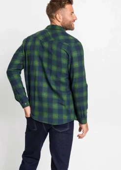 bonprix Hemden|Große Größen|Flanellhemd aus reiner Baumwolle dunkelblau/fichtengrün kariert