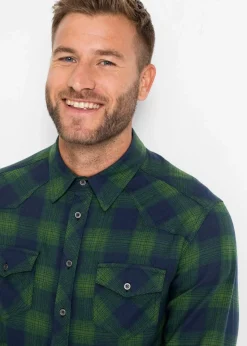 bonprix Hemden|Große Größen|Flanellhemd aus reiner Baumwolle dunkelblau/fichtengrün kariert