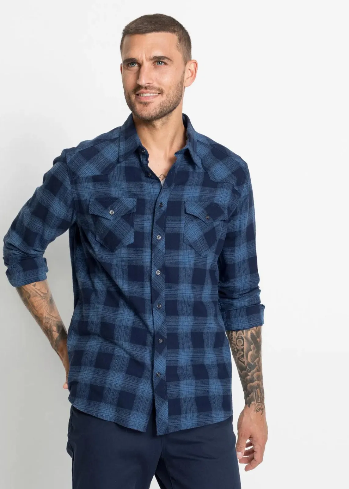 bonprix Große Größen|Hemden|Flanellhemd aus reiner Baumwolle dunkelblau/jeansblau kariert