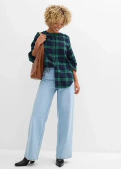 bonprix Bekleidung·Jacken & Mäntel|Blusen & Tuniken|Flanellhemd aus reiner Baumwolle dunkelblau/edelsteingrün kariert