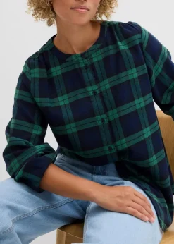 bonprix Bekleidung·Jacken & Mäntel|Blusen & Tuniken|Flanellhemd aus reiner Baumwolle dunkelblau/edelsteingrün kariert