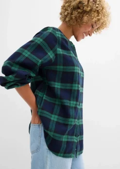 bonprix Bekleidung·Jacken & Mäntel|Blusen & Tuniken|Flanellhemd aus reiner Baumwolle dunkelblau/edelsteingrün kariert