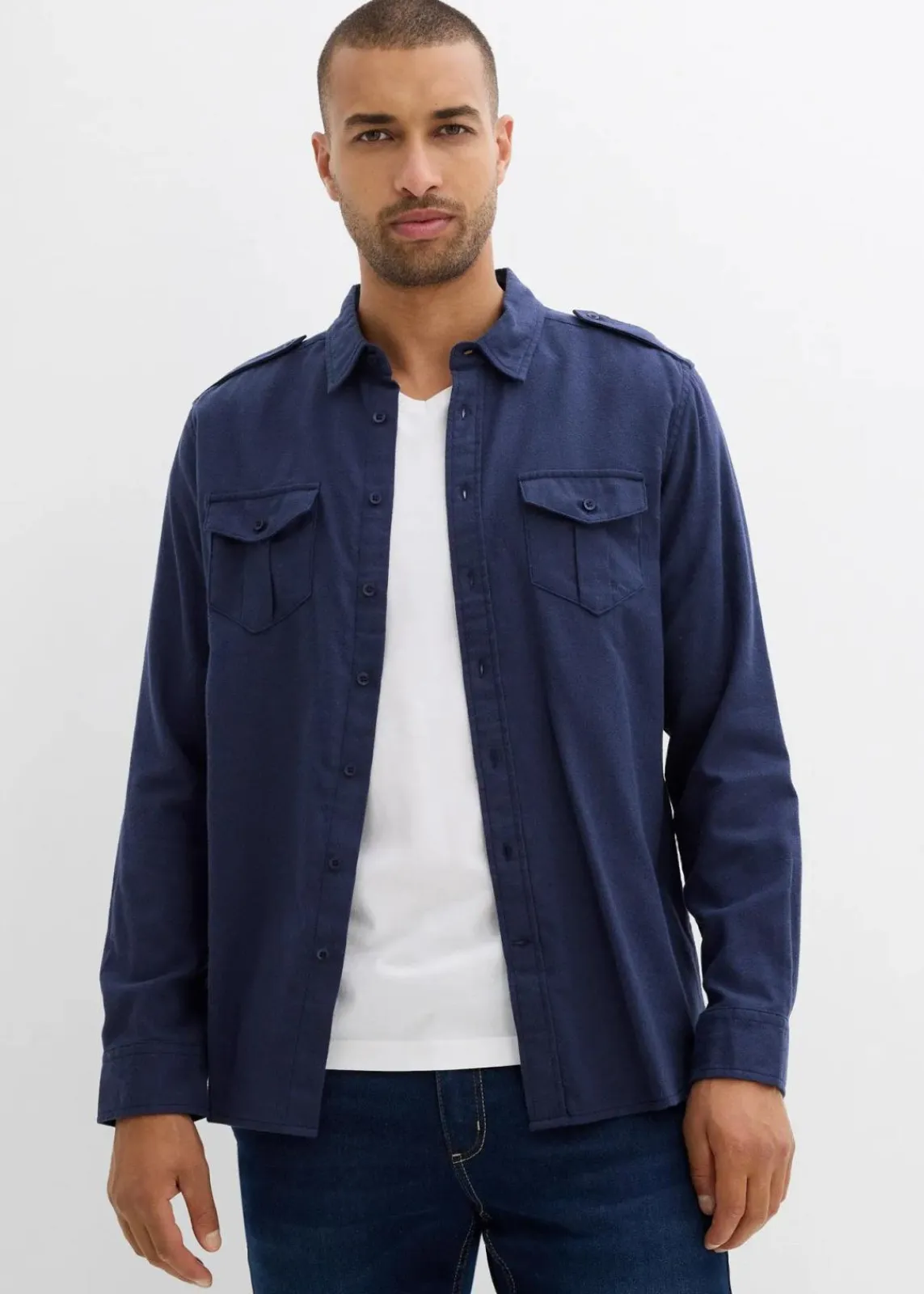 bonprix Große Größen|Hemden|Flanellhemd mit Schulterklappen aus reiner Baumwolle dunkelblau