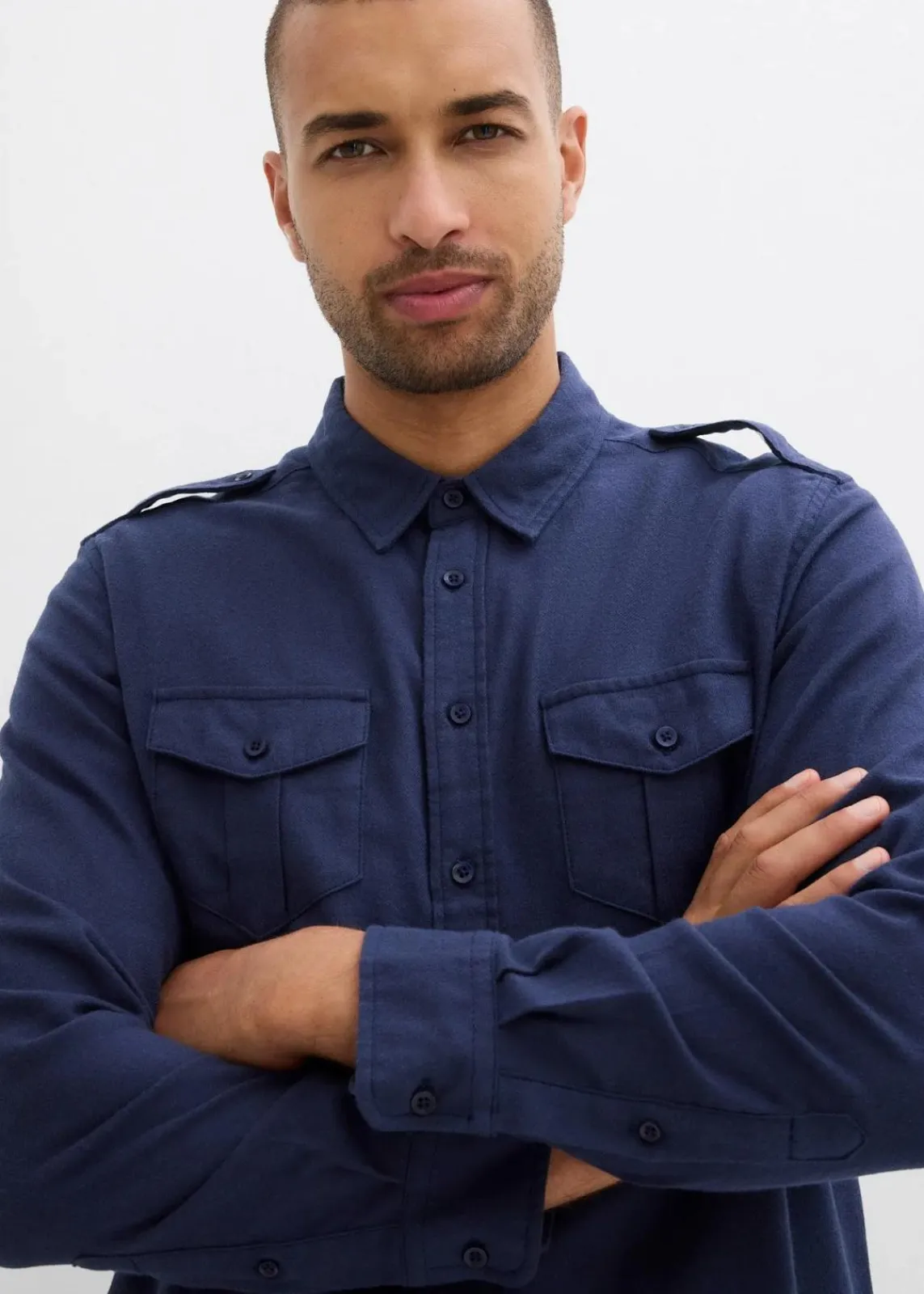 bonprix Große Größen|Hemden|Flanellhemd mit Schulterklappen aus reiner Baumwolle dunkelblau