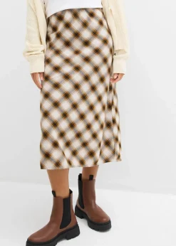 bonprix Röcke|Flanell-Midirock aus reiner Baumwolle nougat/silber/schwarz/steingrau kariert