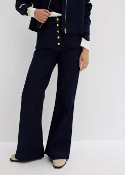bonprix Bekleidung·Shirts & Tops|Jeans|Flared-Jeans High Waist tiefblau denim ungewaschen