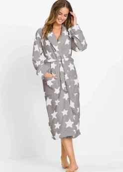 bonprix Wäsche·Bademäntel|Nachhaltigere Materialien|Fleece Bademantel grau/wollweiß bedruckt