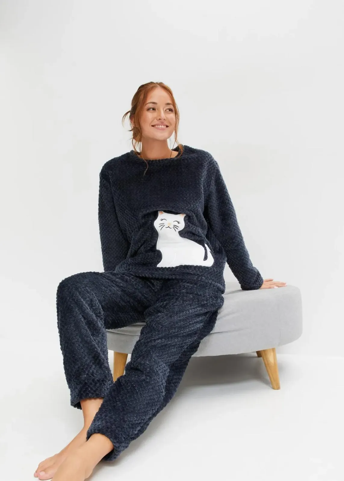 bonprix Wäsche·Homewear|Wäsche·Nachtwäsche|Fleece Loungewear Hausanzug mit Strukturmuster und Applikation nachtblau