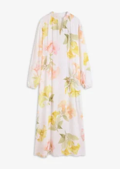 bonprix Bekleidung·Pullover & Strickjacken|Kleider|Fluides Tunika-Kleid weiß/melba/tulpengelb/helllachs/mattpistazie geblümt