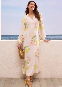 bonprix Bekleidung·Pullover & Strickjacken|Kleider|Fluides Tunika-Kleid weiß/melba/tulpengelb/helllachs/mattpistazie geblümt