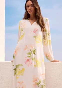 bonprix Bekleidung·Pullover & Strickjacken|Kleider|Fluides Tunika-Kleid weiß/melba/tulpengelb/helllachs/mattpistazie geblümt