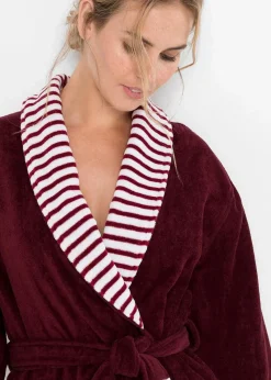 bonprix Wäsche·Bademäntel|Bademäntel|Frottee Bademantel aus Baumwolle dunkelrot/weiß gestreift