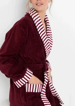 bonprix Wäsche·Bademäntel|Bademäntel|Frottee Bademantel aus Baumwolle dunkelrot/weiß gestreift