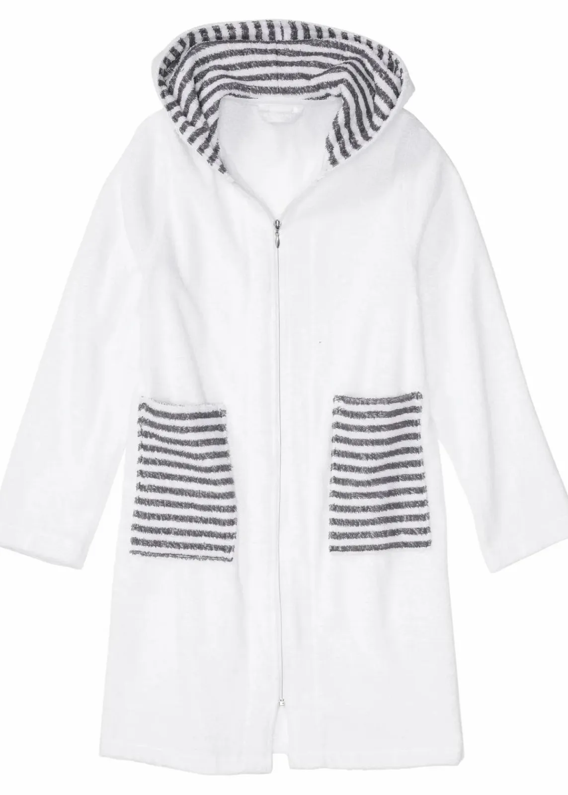 bonprix Bademäntel|Nachhaltigere Materialien|Frottee Bademantel aus Bio-Baumwolle mit Reißverschluss weiß/grau gestreift